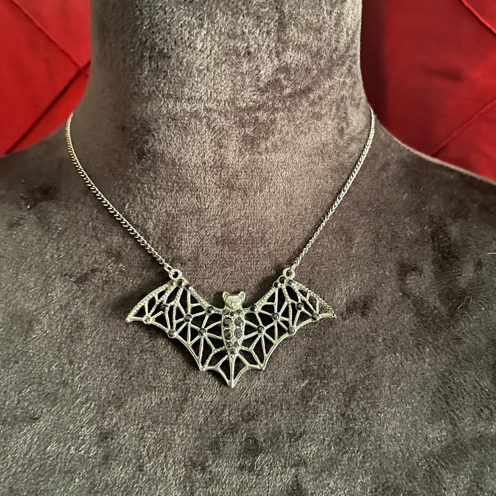 Bat Necklace W/ Black Rhinestones